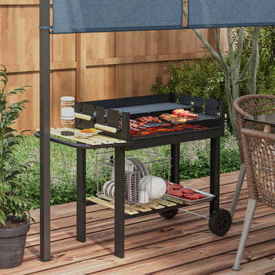 Outsunny Charcoal BBQ Grill, Barbecue Trolley with Double Adjustable Grill, Side Table, Storage Shelf and Wheels for Outdoor Garden Party Cooking, Black 