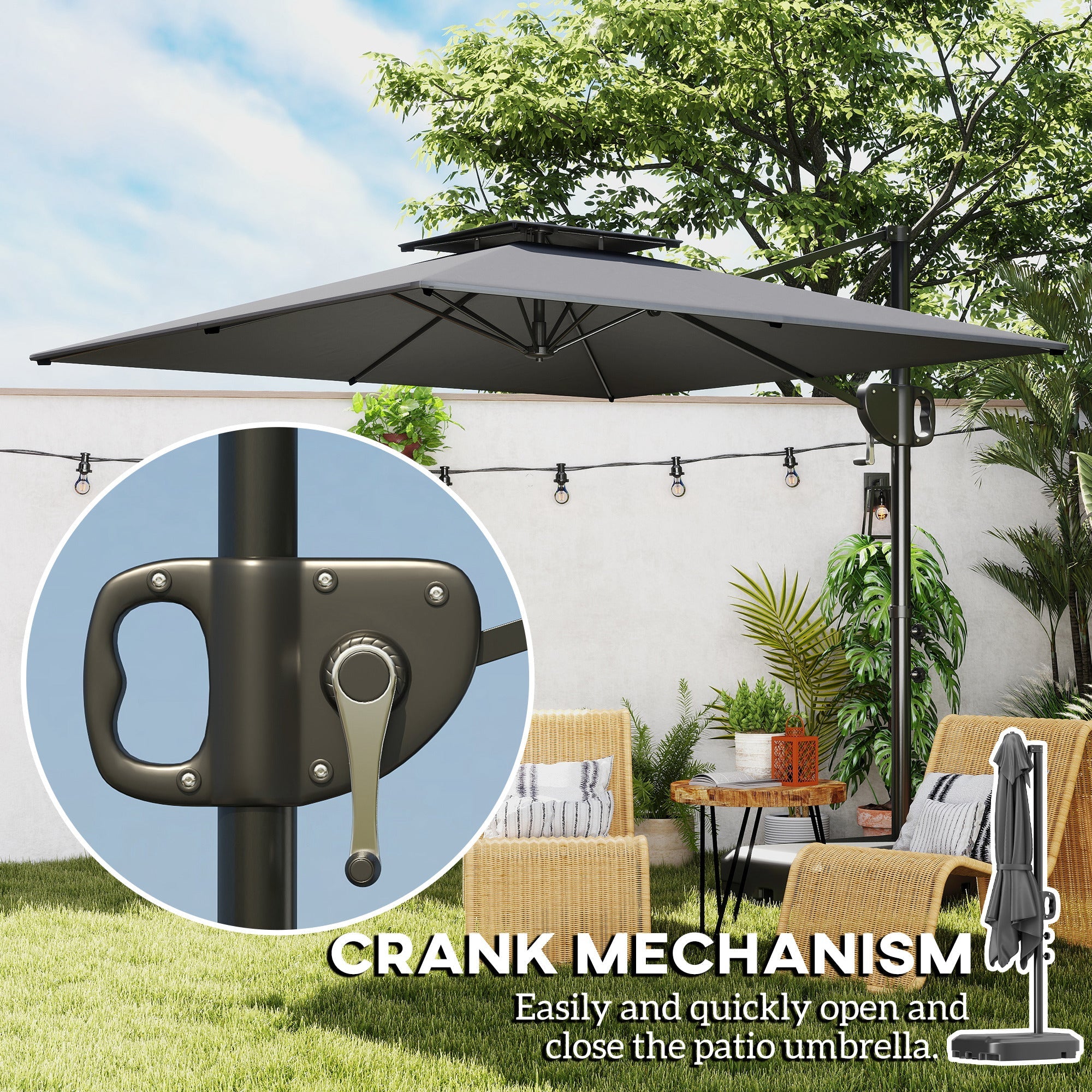 Outsunny Cantilever Parasol with Weighted Base Double Top Garden Parasol Square Hanging Patio Umbrella with Crank Tilt Dark Grey 