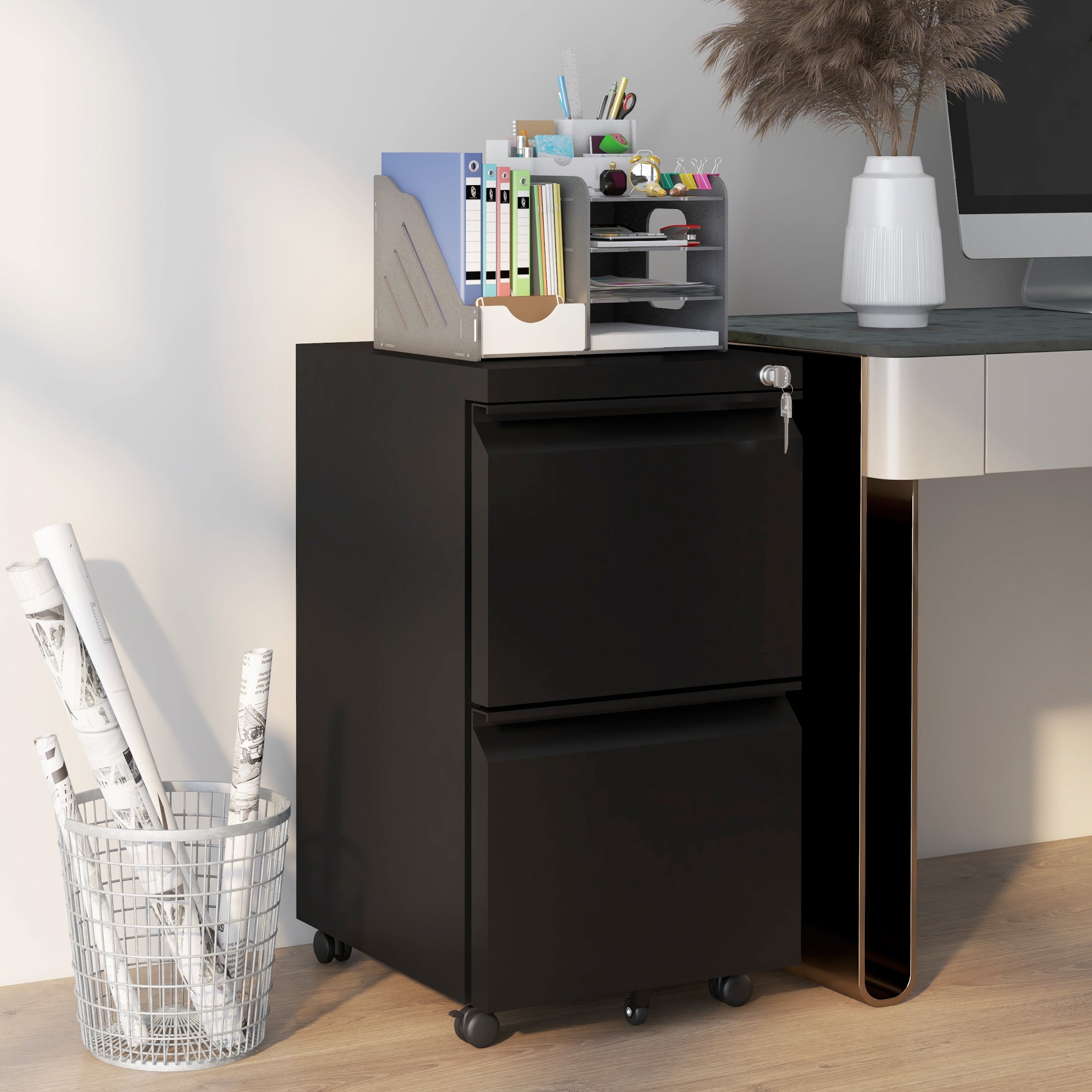 Vinsetto 2-Drawer Mobile Filing Cabinet, Steel Lockable File Cabinet for Letter, A4 and Legal Size, Pre-Assembled Body, Black 