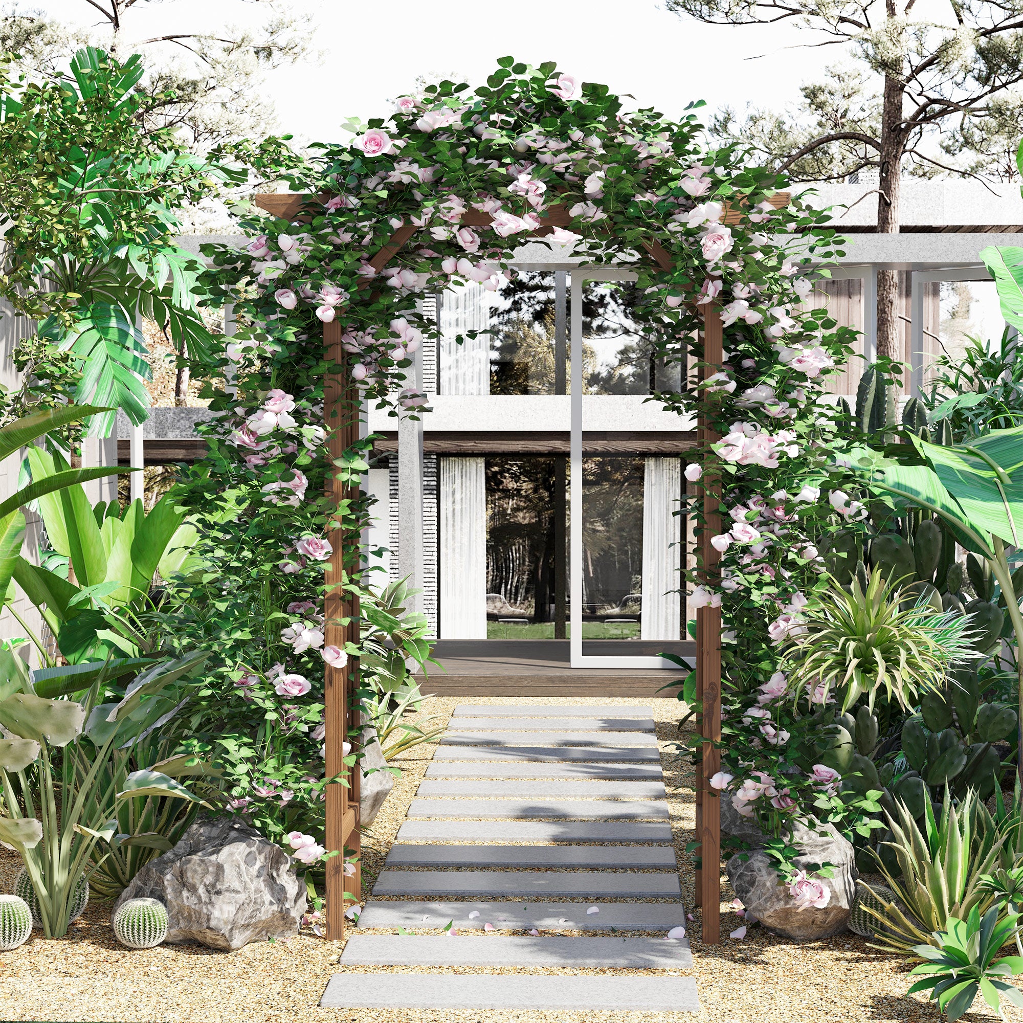 Outsunny Wooden Garden Arbor, Arch Trellis with Classic Countryside Style, Pergola Style Roof for Climbing Vines 