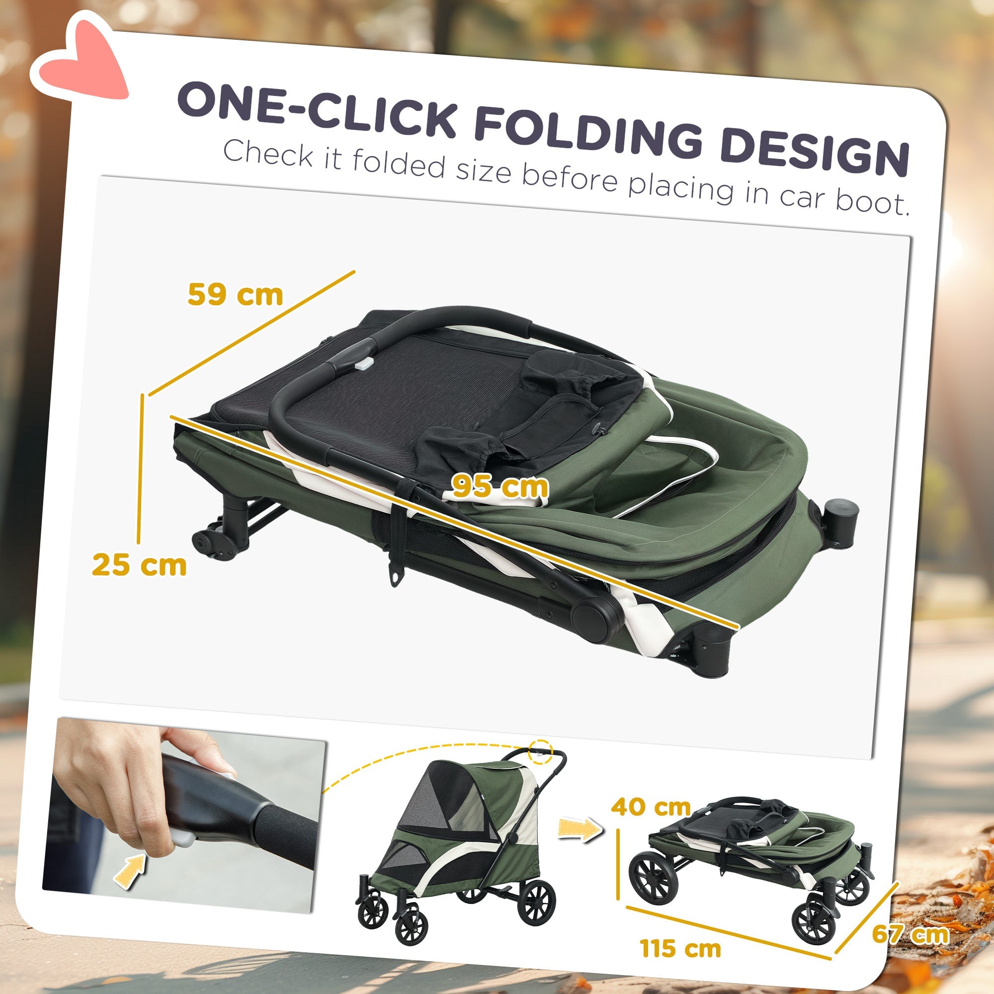 PawHut Easy Folding Pet Stroller for Large Dogs with 4 Big Wheels, Shock Absorb Frame, Safety Leashes, Brakes, Dark Green 