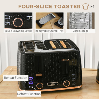 HOMCOM 1.7L 3000W Fast Boil Kettle & 4 Slice Toaster Set, Kettle and Toaster Set with 7 Browning Controls, Crumb Tray, Black 