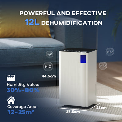 HOMCOM 12L/Day Dehumidifier with Continuous Drainage, 2L Water Tank, 24H Timer, Digital Humidity Display, Filter, Auto Defrost, Children Lock, for Bedroom, Dehumidifier for Home Damp, Laundry Drying 