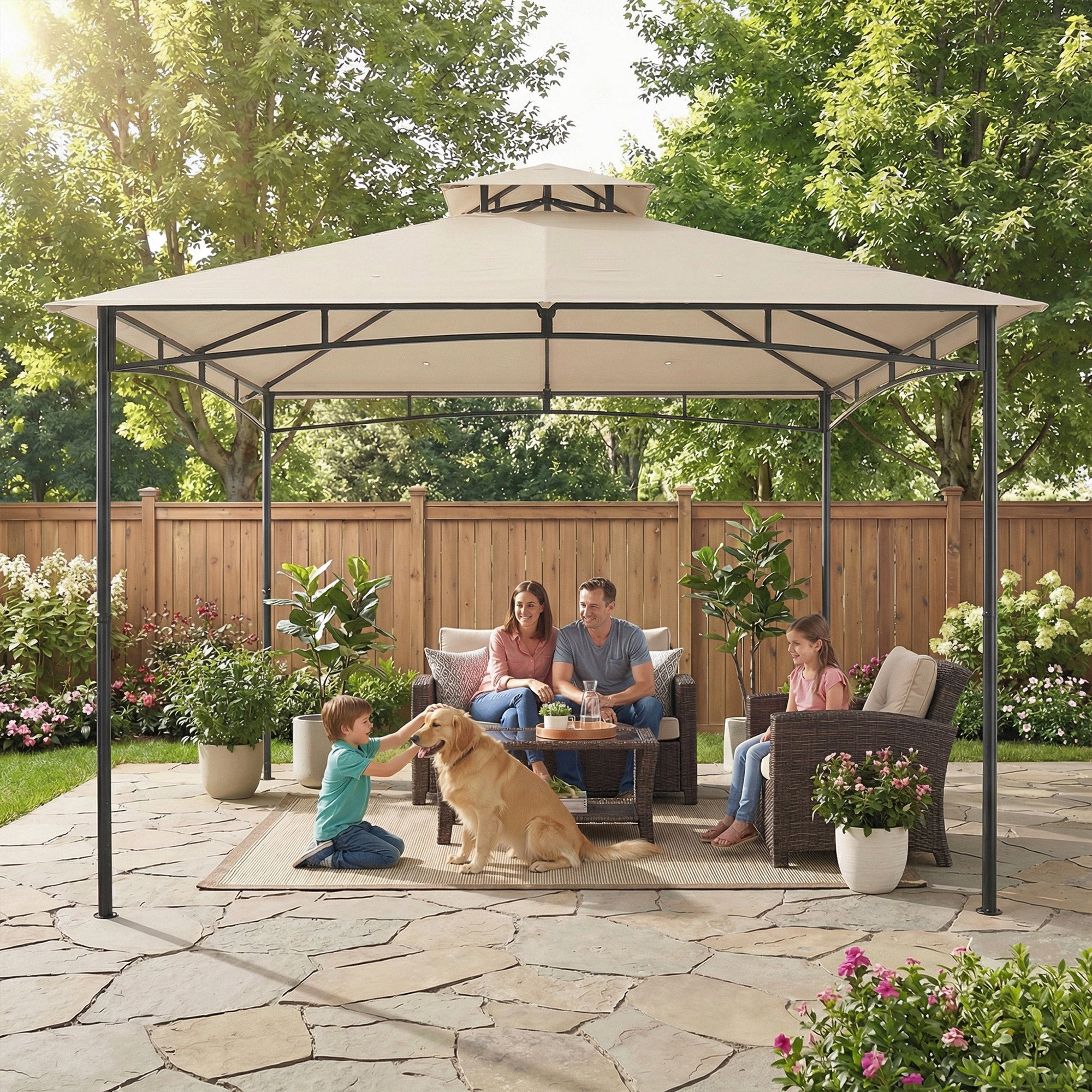 Outsunny 3 x 3 m Gazebo, Garden Gazebo with 2-Tier Roof, Metal Frame, Khaki 