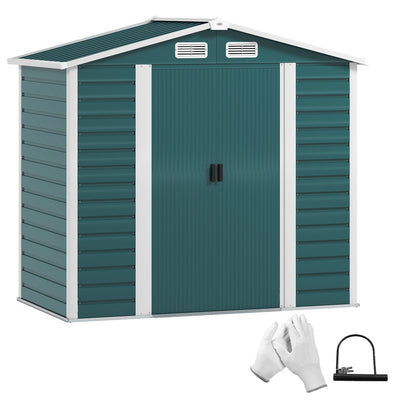 Outsunny 7 x 4ft Garden Shed, Easy to Assemble, Upgraded Galvanised Steel Frame with Foundation Kit, Double Doors with Lock, Outdoor Metal Shed with Vents and Gloves, Garden Storage Shed, Green 
