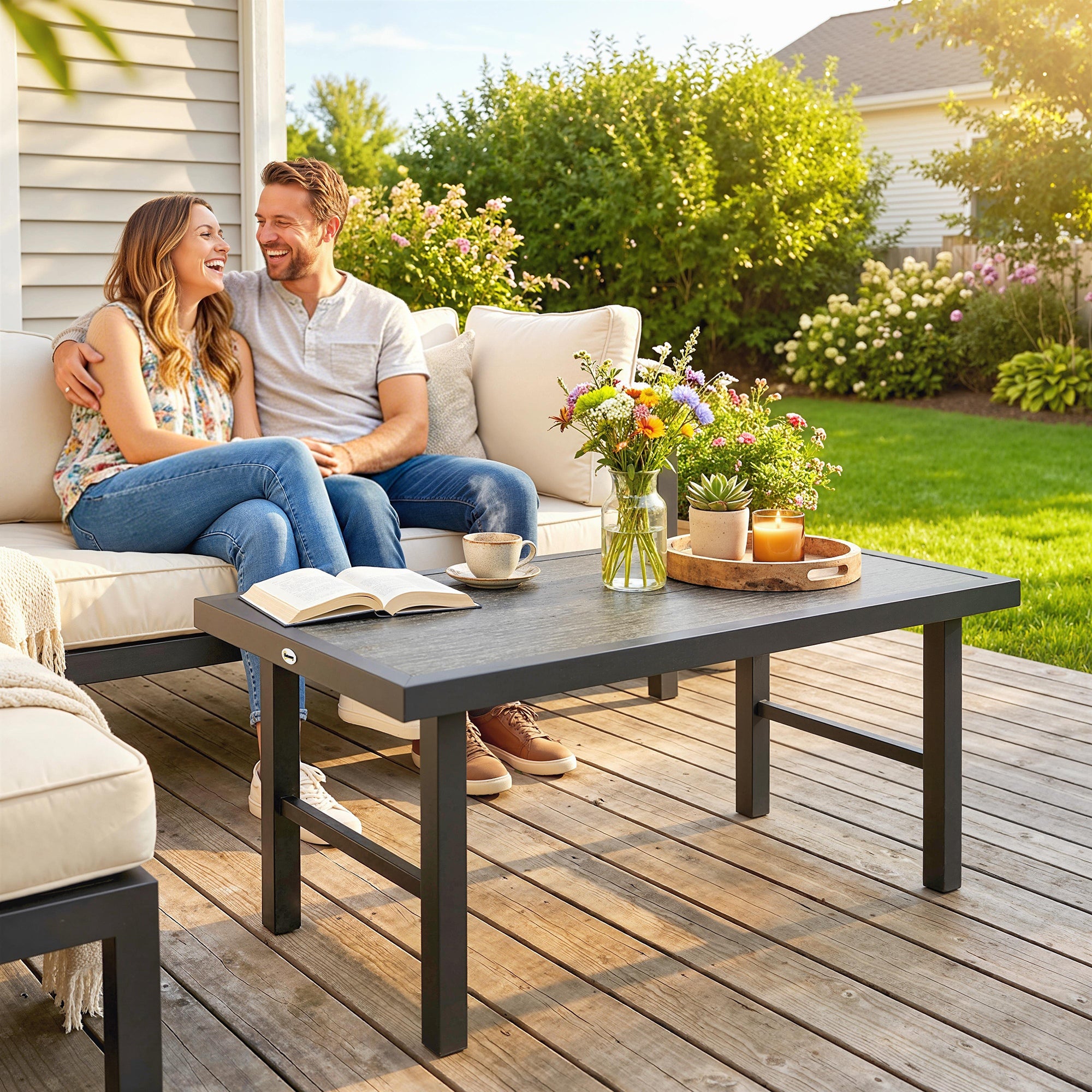 Outsunny Metal Garden Coffee Table, Outdoor Side Table with SPC Woodgrain Tabletop for Outside, 100 x 52 x 46cm, Dark Grey 