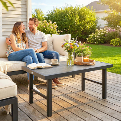 Outsunny Metal Garden Coffee Table, Outdoor Side Table with SPC Woodgrain Tabletop for Outside, 100 x 52 x 46cm, Dark Grey 