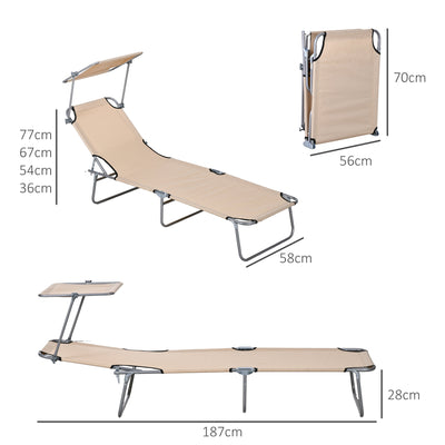 Outsunny Outdoor Foldable Sun Lounger Set of 2, 4 Level Adjustable Backrest Reclining Sun Lounger Chair with Angle Adjust Sun Shade Awning for Beach, Garden, Patio, Sand 