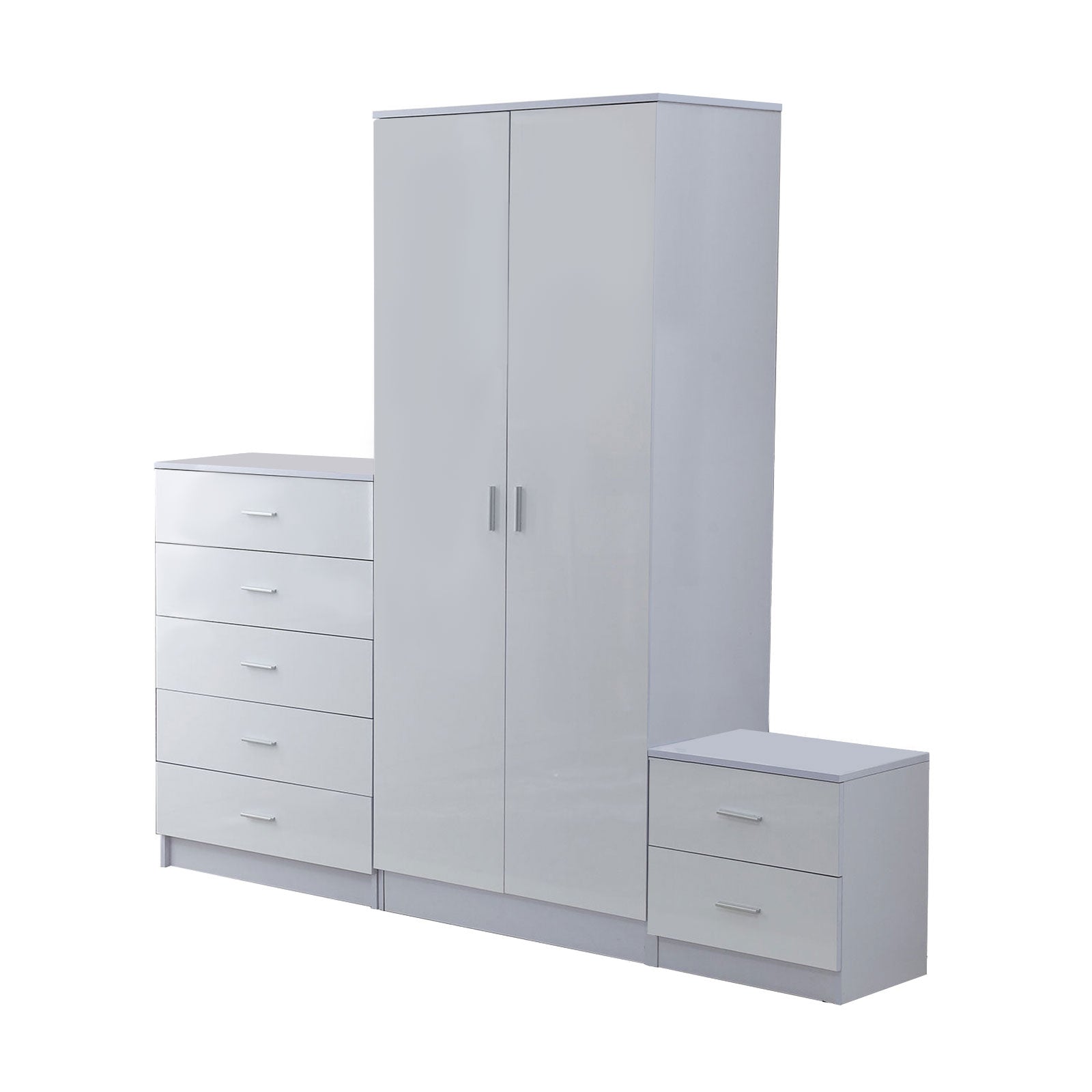 HOMCOM High Gloss 3 Piece Trio Bedroom Furniture Set Wardrobe + Chest Of Drawer + Bedside White 