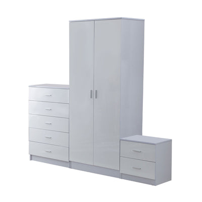 HOMCOM High Gloss 3 Piece Trio Bedroom Furniture Set Wardrobe + Chest Of Drawer + Bedside White 