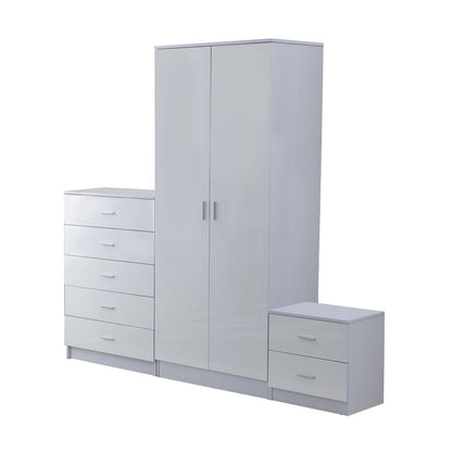 HOMCOM High Gloss 3 Piece Trio Bedroom Furniture Set Wardrobe + Chest Of Drawer + Bedside White 