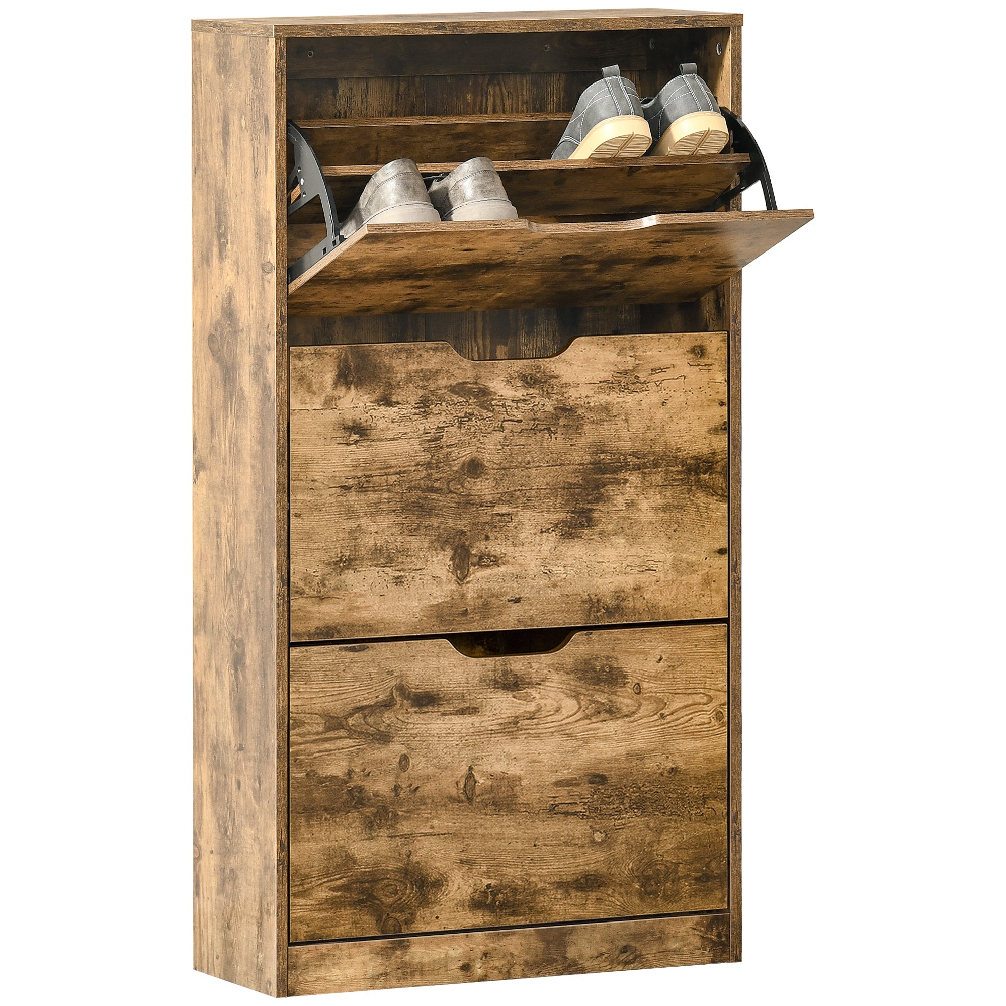 HOMCOM Industrial Shoe Cabinet with 3 Flip Drawers, Narrow Shoe Storage Cabinet for 18 Pairs, Freestanding Slim Shoe Storage Organiser for Entryway, Hallway, Rustic Brown 