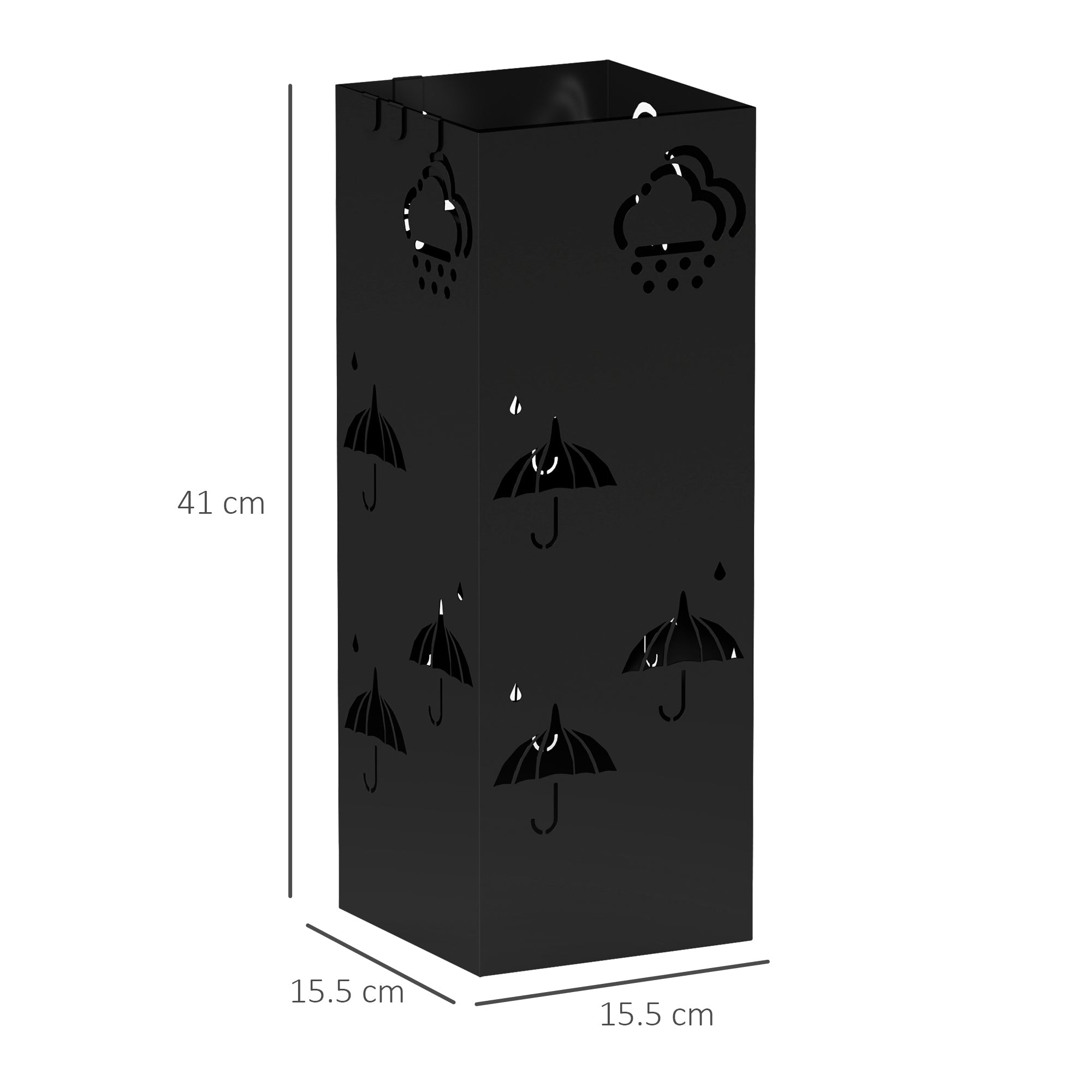 HOMCOM Metal Umbrella Stand, Square Umbrella Holder with Removable Drip Tray and 4 Hooks, Decorative Umbrella Storage Rack for Hallway, Entryway, 15.5 x 15.5 x 41 cm, Black 