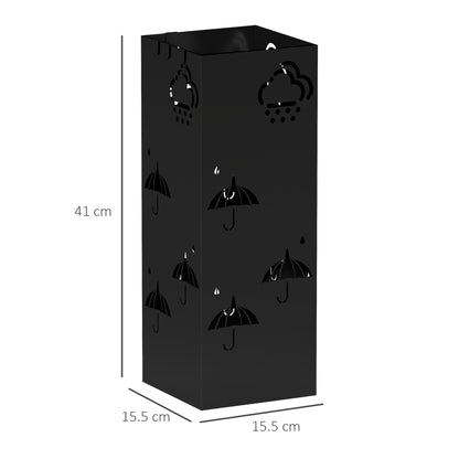 HOMCOM Metal Umbrella Stand, Square Umbrella Holder with Removable Drip Tray and 4 Hooks, Decorative Umbrella Storage Rack for Hallway, Entryway, 15.5 x 15.5 x 41 cm, Black 