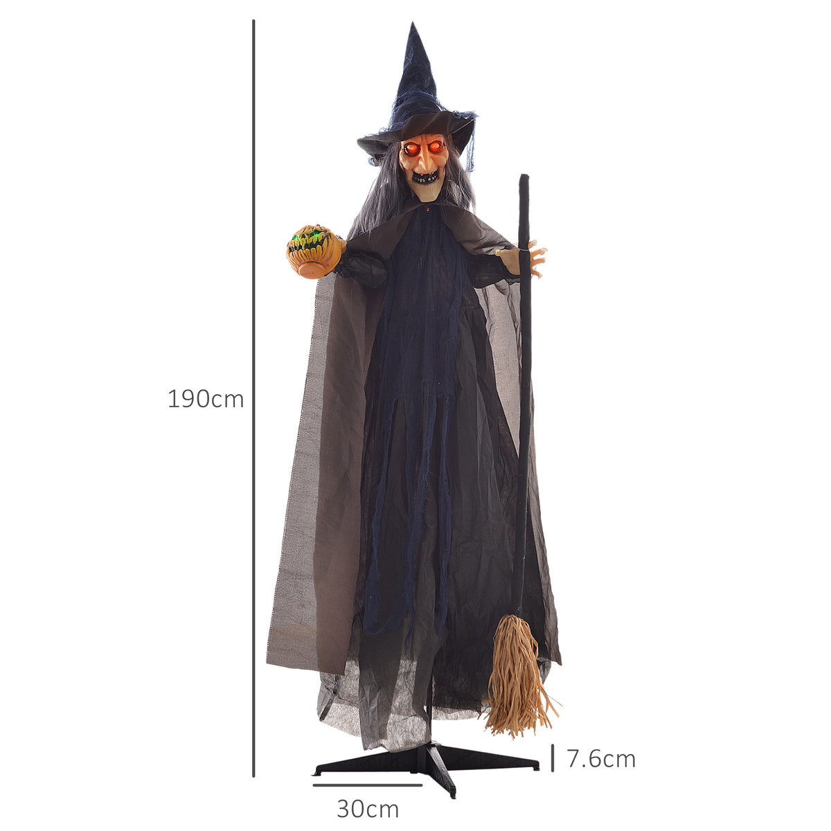 HOMCOM 6'2" Witch with Broomstick Halloween Animatronic, with Glowing Eyes 