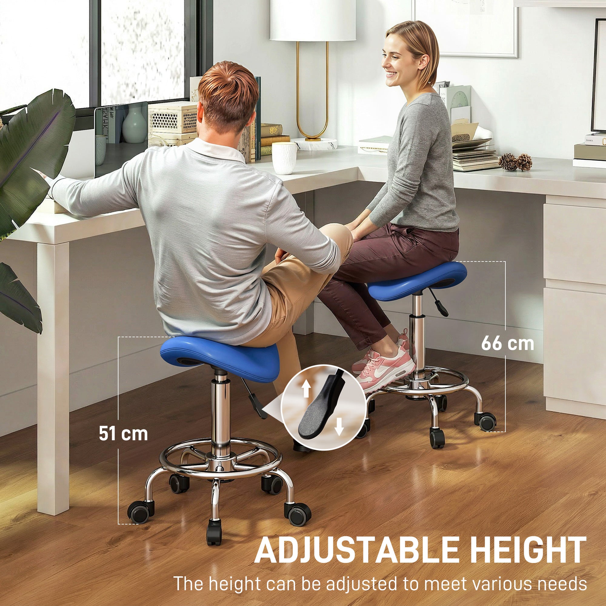 HOMCOM Salon Saddle Stool, Rolling Saddle Chair for Massage, Spa, Clinic, Beauty, Hairdressing and Tattoo, Blue 