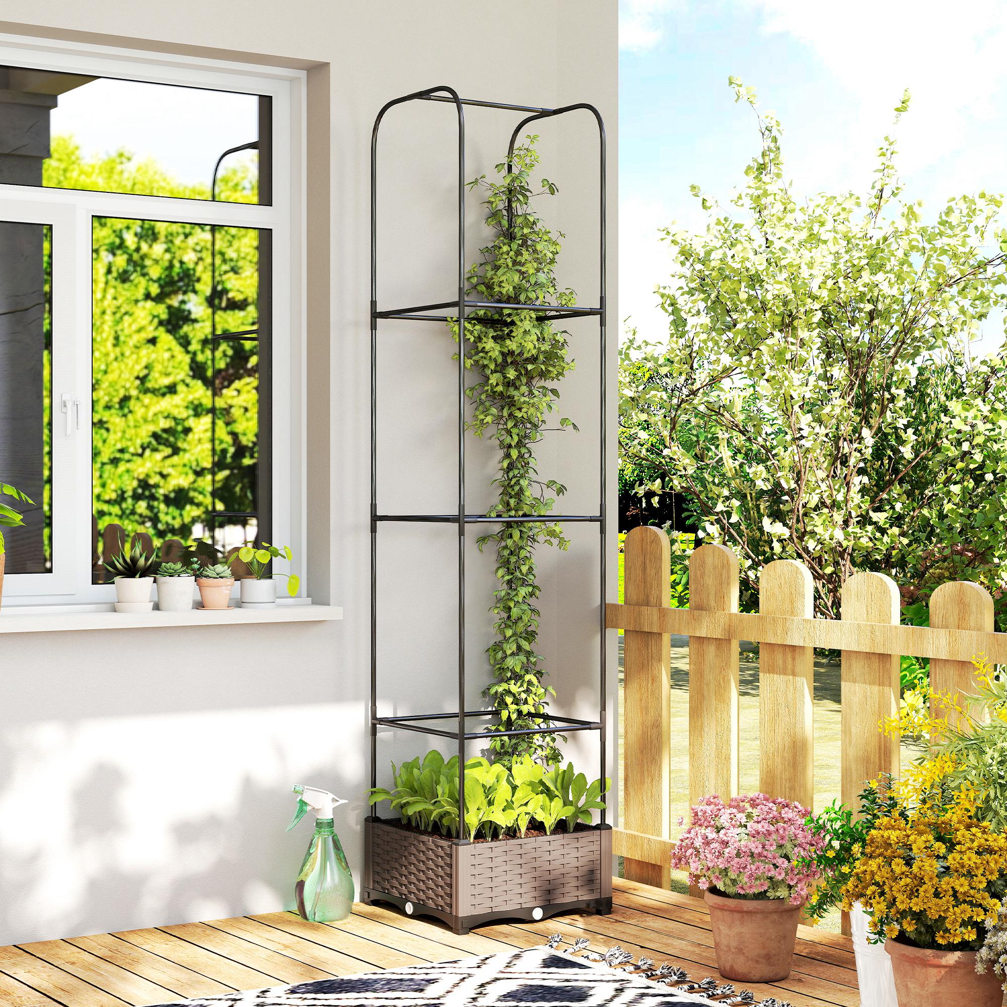 Outsunny Raised Garden Bed with Trellis, Plastic Planter Box with Drainage Holes, Drain Plugs and Water Reservoirs 