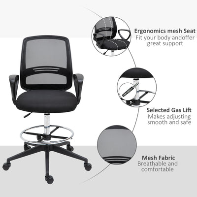 Vinsetto Ergonomic Mesh Back Drafting Chair, Tall Office Chair, Draughtsman Chair with Adjustable Height and Footrest 360° Swivel, Black 