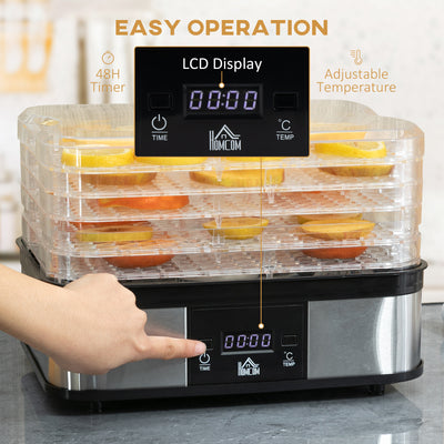 HOMCOM 5 Tier Food Dehydrator, 245W Stainless Steel Food Dryer Machine with Adjustable Temperature, Timer and LCD Display for Drying Fruit, Meat, Vegetable, Jerky and Pet Treat, Black 