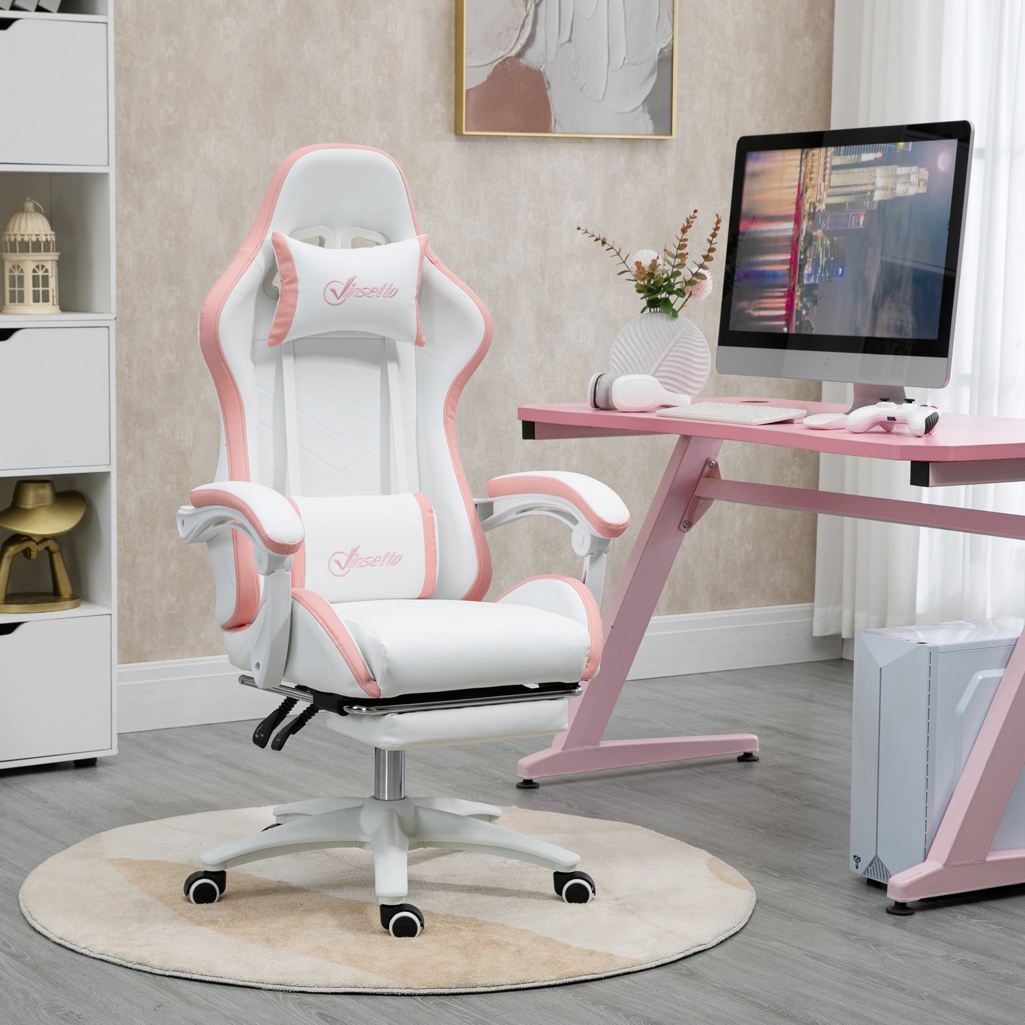 Vinsetto Computer Gaming Chair, PU Leather Desk Chair with Footrest, Swivel Task Chair with 135\'c2\'b0 Reclining Back and Lumbar Support, PC Chair for Adults, White and Pink