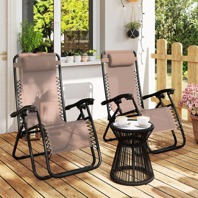 Outsunny Zero Gravity Chair Set of 2, Metal Frame Texteline Armchair Outdoor Folding and Reclining Sun Lounger with Head Pillow for Patio Decking Gardens Camping, Beige 