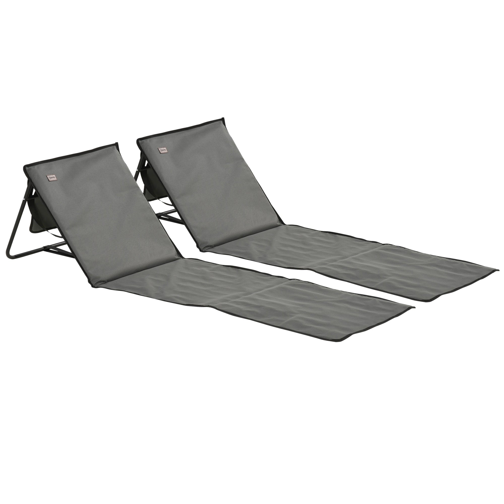 Outsunny Set of 2 Foldable Garden Beach Chair Mat, Outdoor Sun Lounger Seats with Adjustable Back, Magazine Pocket, Carry Bag 