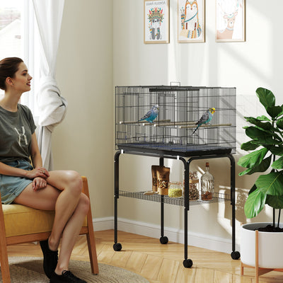 PawHut Bird Cage with Divider, 4 Wooden Perches, Slide Out Tray, 4 Feeders, for Budgie, Lovebird, Canary, 76 x 46 x 116cm Black 