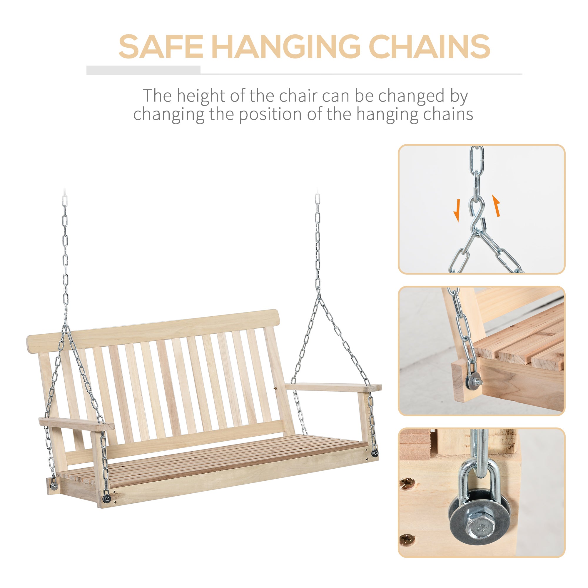 Outsunny Outdoor Wooden Swing Bench 2-Seater Porch Swing Chair Hanging Hammock Garden Furniture, Natural 