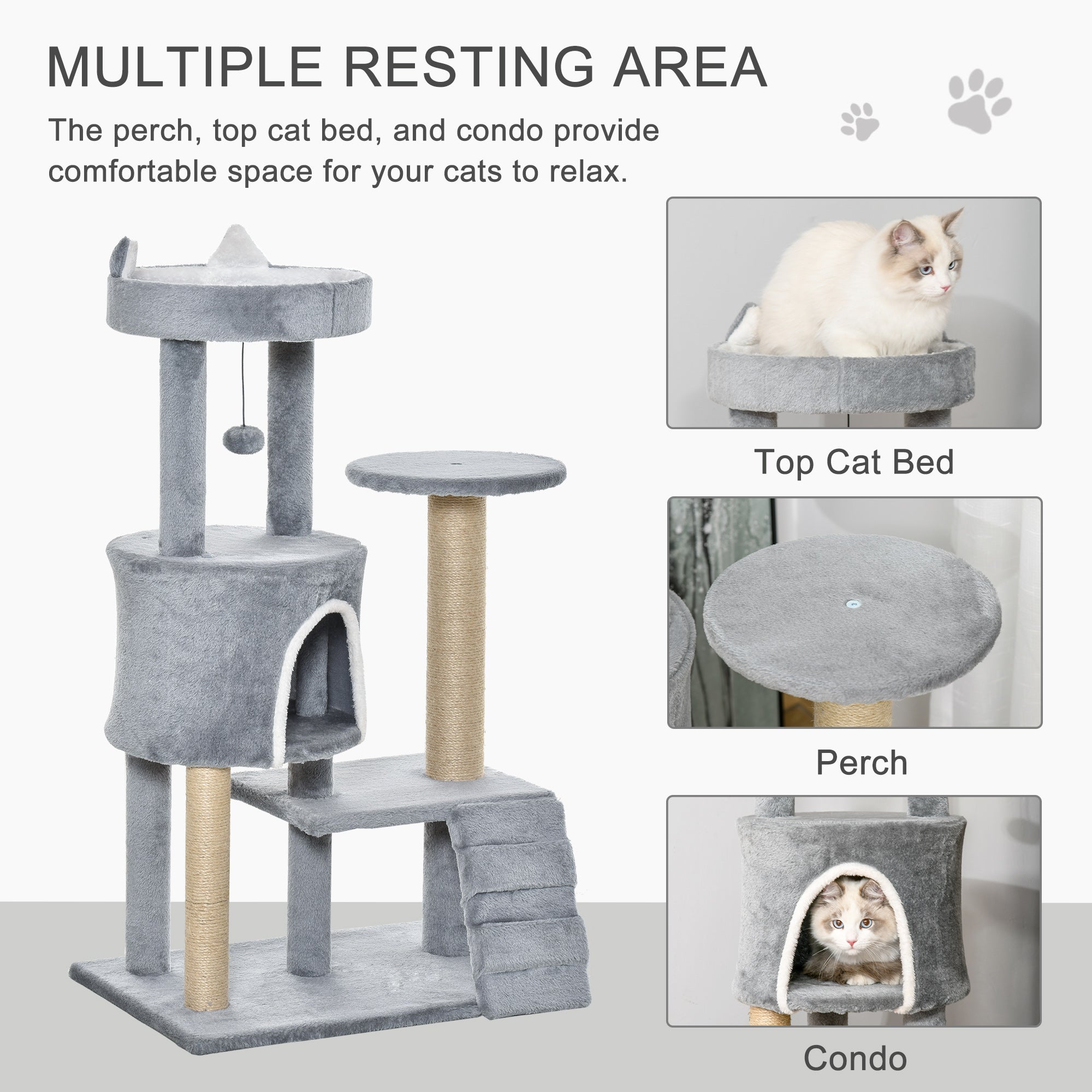 PawHut 100 cm Cat Tree, Cat Condo Tree Tower for Indoor Cats, Cat Activity Centre with Scratching Posts, Plush Perch, Ladder, Hanging Ball - Light Grey 