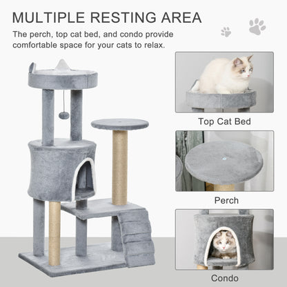 PawHut 100 cm Cat Tree, Cat Condo Tree Tower for Indoor Cats, Cat Activity Centre with Scratching Posts, Plush Perch, Ladder, Hanging Ball - Light Grey 
