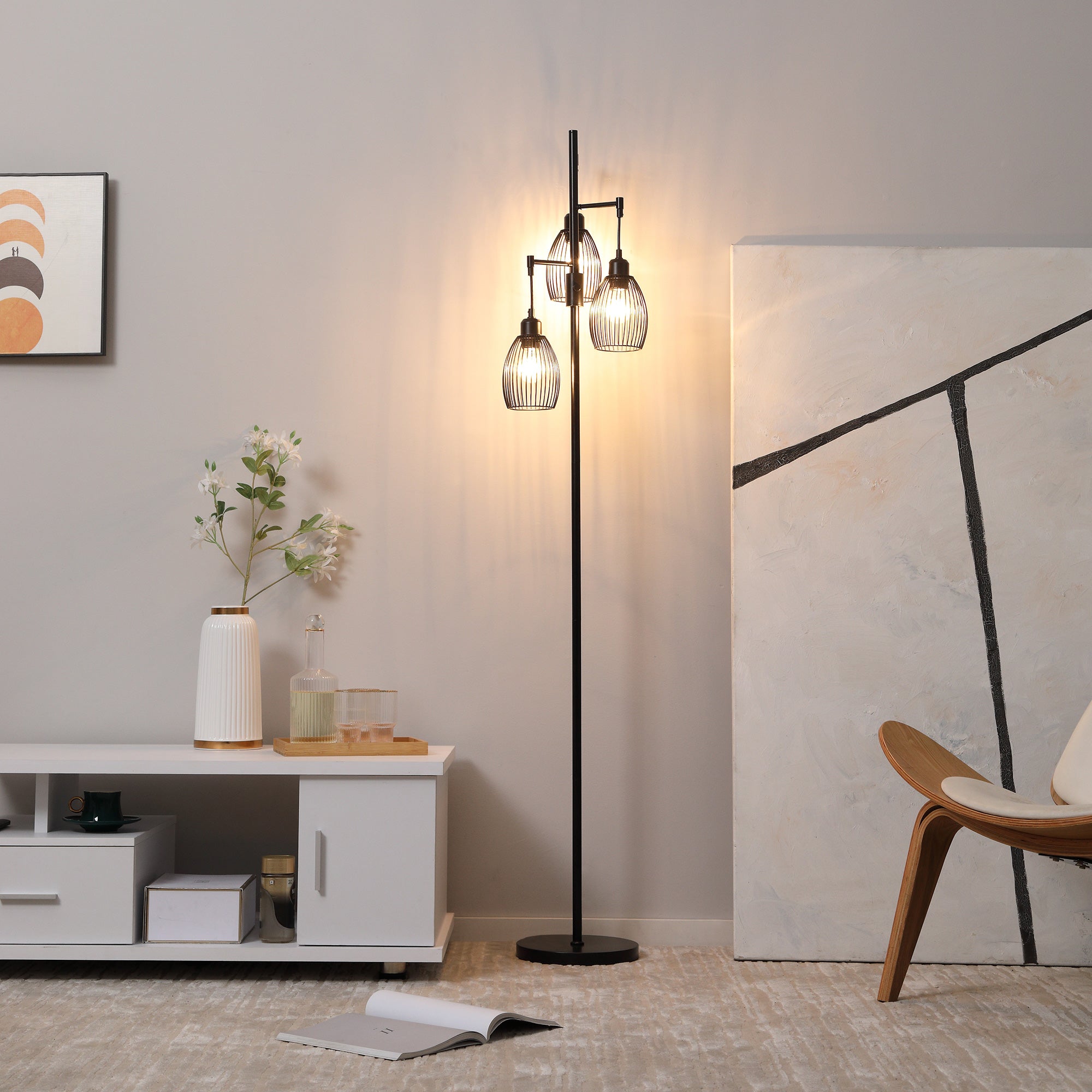 HOMCOM 170cm Industrial 3-Light Floor Lamp, Dimmable Standing Lamp with Steel Lampshades for Living Room, Bedroom, Dinging Room, Study, Black 