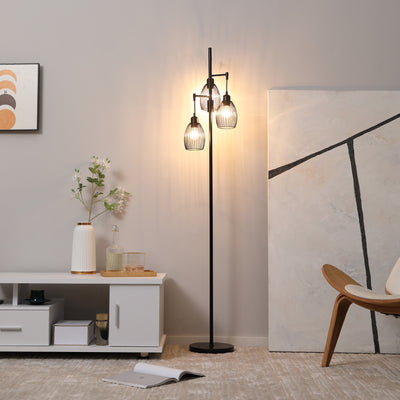 HOMCOM 170cm Industrial 3-Light Floor Lamp, Dimmable Standing Lamp with Steel Lampshades for Living Room, Bedroom, Dinging Room, Study, Black 