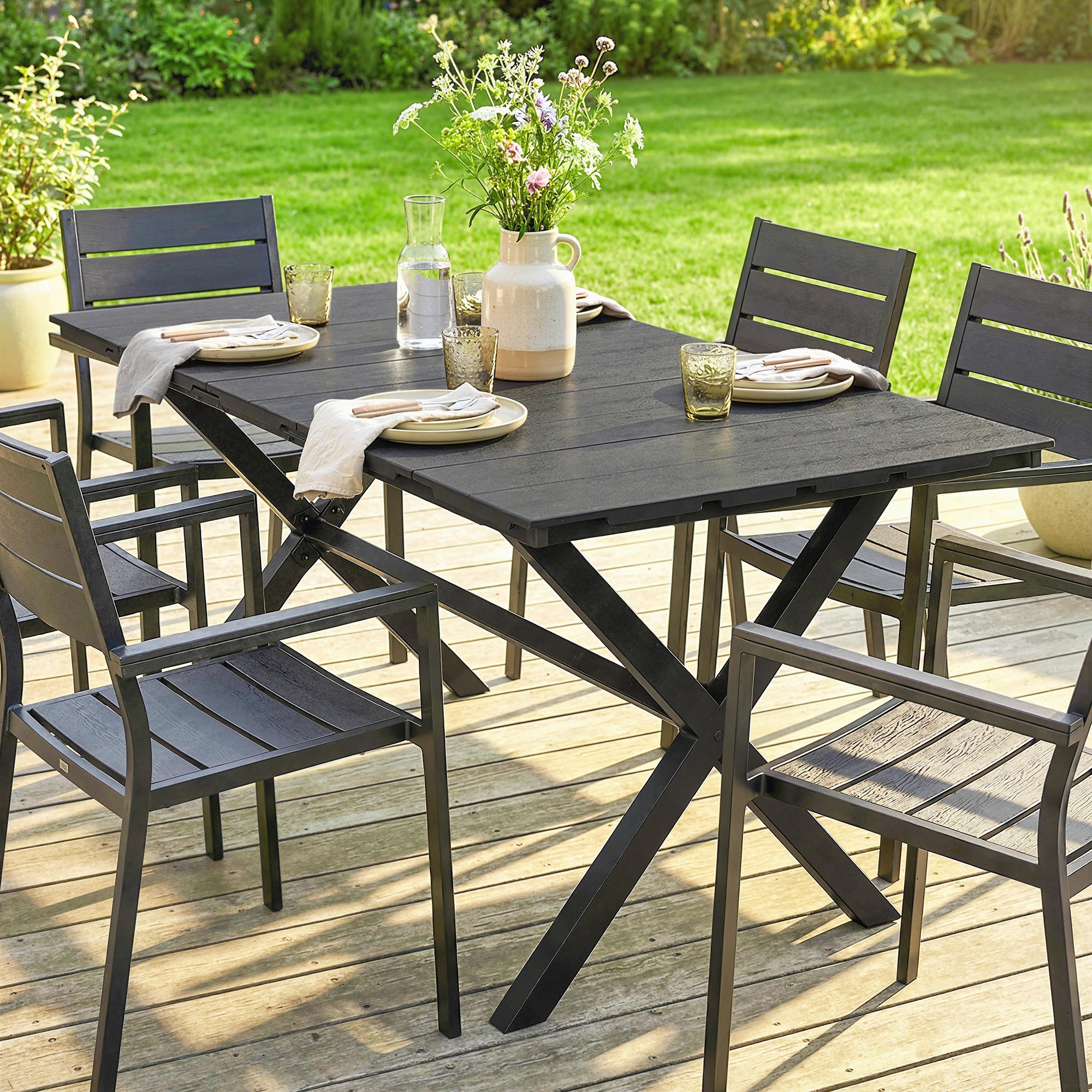 Outsunny Garden Dining Table for 6, Rectangular Outdoor Table with Wood Effect HDPE Top, X-Shaped Metal Legs, Black 