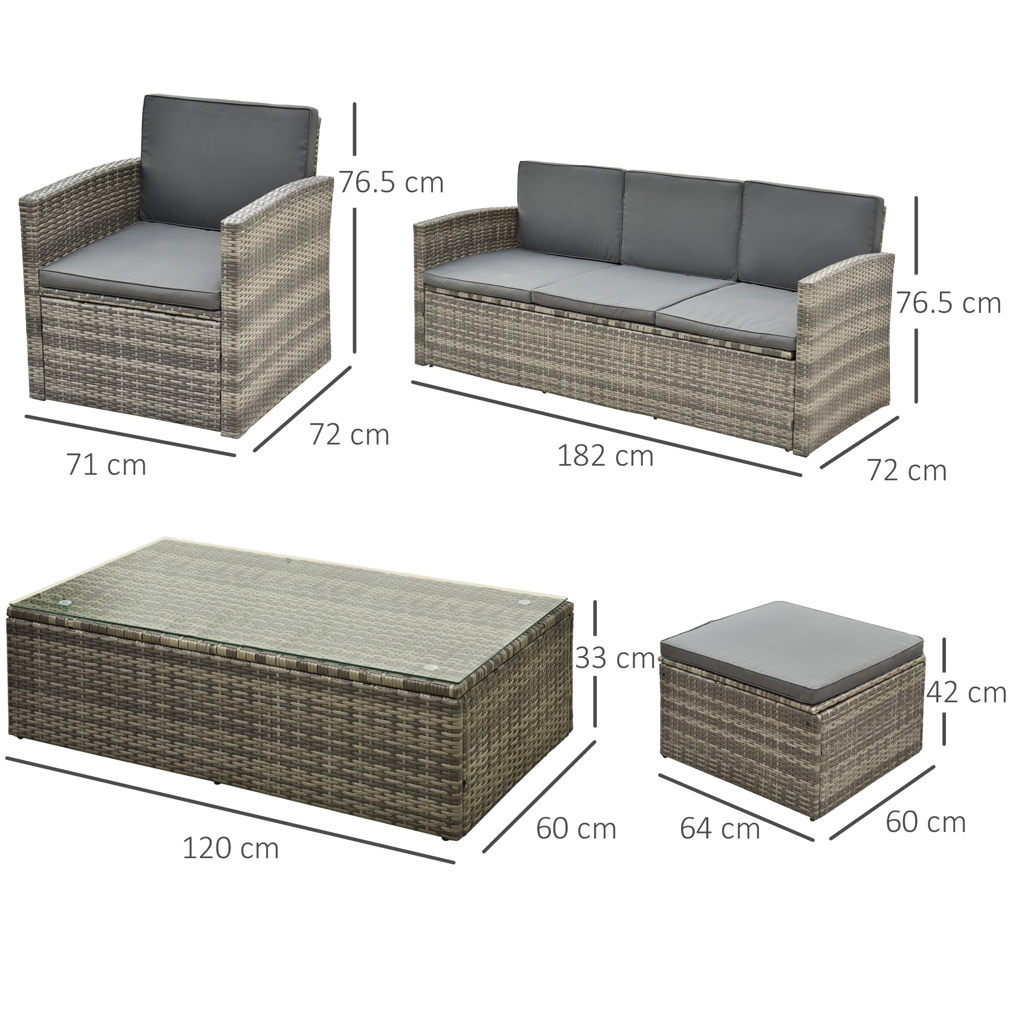 Outsunny Rattan Garden Furniture Outdoor Patio 5 Piece Wicker Weave Sofa Set with Storage,  Cushioned, 3-Seater Sofa + 2 Single Chairs + Foot Stool + Coffee Table 