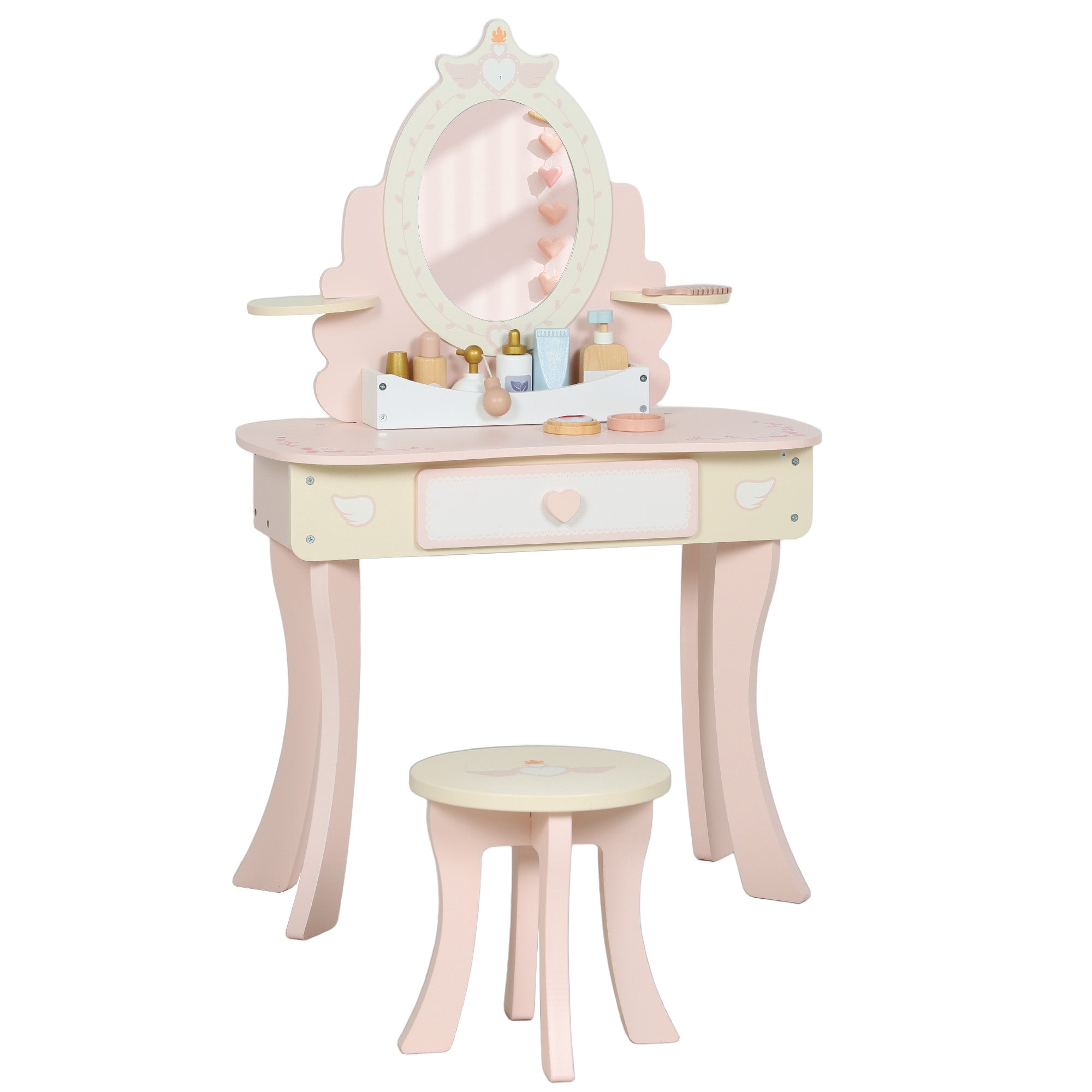 AIYAPLAY Kids Dressing Table, Girls Vanity Set with Mirror and Stool, 7 Play Accessories, Drawer, Desktop Storage, Pink 