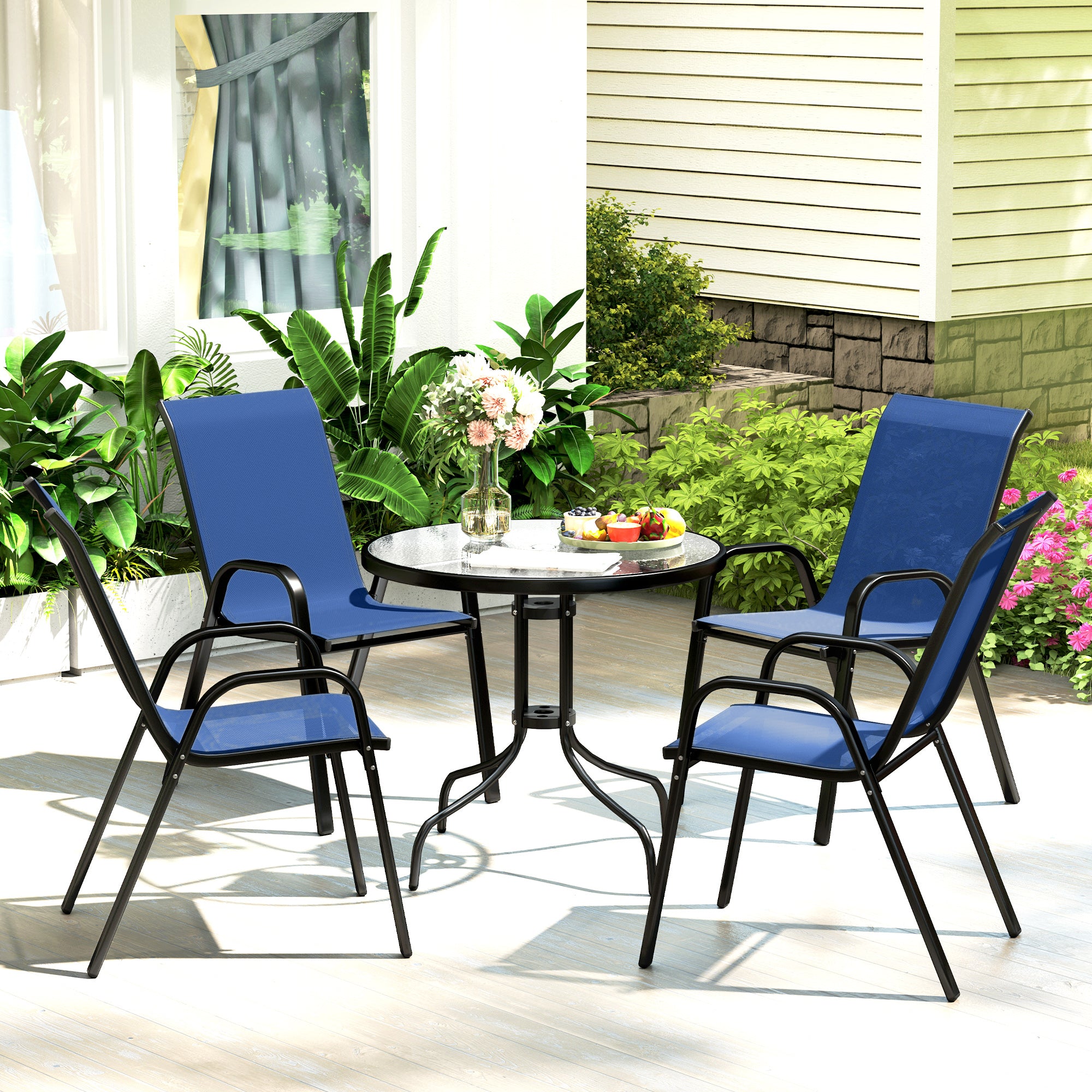 Outsunny Five-Piece Steel Patio Set, with Glass-Top Table - Dark Blue 