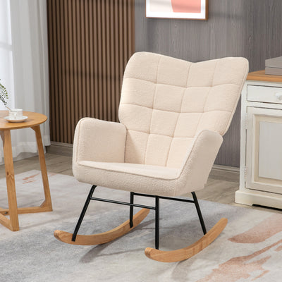 HOMCOM Berber Fleece Nursery Glider Rocker for Nursing, Wingback Rocking Chair for Living Room, Beige 