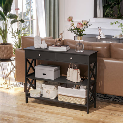 HOMCOM Console Table Side Desk w/ Shelves Drawers Open Top X Support Frame Living Room Hallway Home Office Furniture Black 