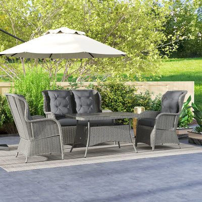Outsunny Garden PE Rattan Dining Sofa Set, Outdoor 4 Seater Wicker Furniture, High Back Chairs with Cushions, Tempered Glass Coffee Table for Patio, Light Grey 
