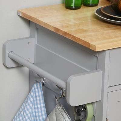 HOMCOM Rolling Kitchen Island on Wheels, Utility Serving Cart with Rubber Wood Top, Towel Rack, Hooks and Storage Drawers, Grey 
