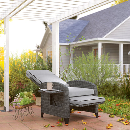 Outsunny Outdoor Recliner Chair with Adjustable Backrest and Footrest, Cushion, Side Tray, Light Grey 