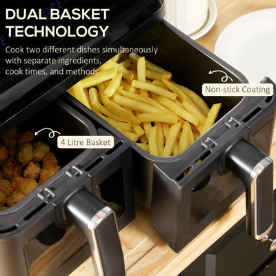 HOMCOM 8L Dual Basket Air Fryer, 8-in-1 Air Fryer Oven with Digital Display, Visible, Timer, Preheat for Oil Free Low Fat Cooking, 2500W, Sync Finish, Sliver 