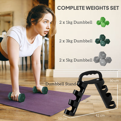 SPORTNOW Dumbbells Set with Storage Rack, 2 x 1kg, 2 x 3kg, 2 x 5kg, Green 