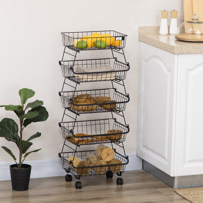 HOMCOM 5 Tier Storage Trolley, Stackable Fruit Vegetable Cart for Kitchen, Living Room, 40 x 2 x 97 cm, Black 