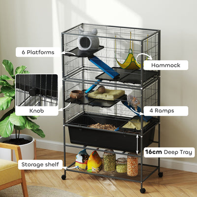 PawHut 5 Levels Rolling Small Animal Cage with Non Slip Ramps, Slide Out 16cm Deep Tray, 88 x 48 x 150.5cm, Dark Grey 