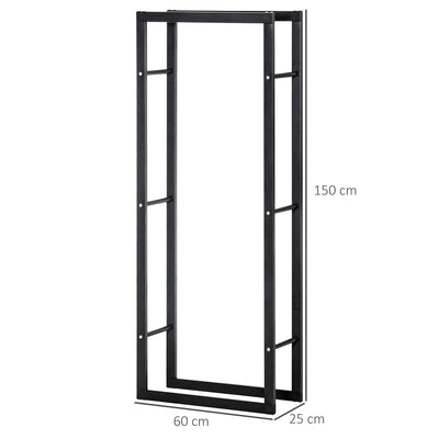 HOMCOM Metal Firewood Log Holder Tall Firewood Rack Indoor Outdoor Fireplace Wood Storage Shelf, Black, 60Wx25Dx150Hcm 