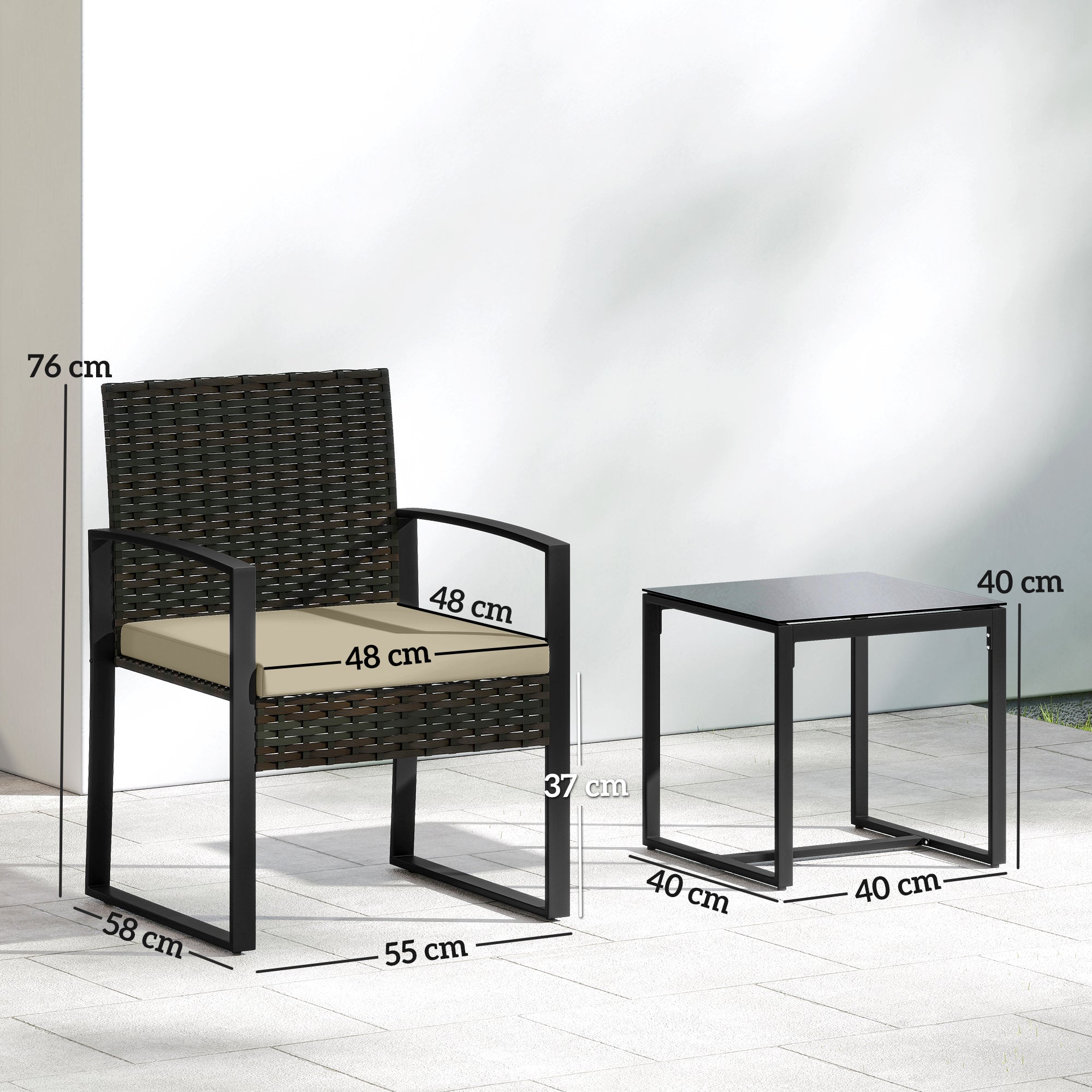 Outsunny Rattan Bistro Set, 3 Piece Garden Furniture Set with Glass Top Table and Cushions, Khaki 