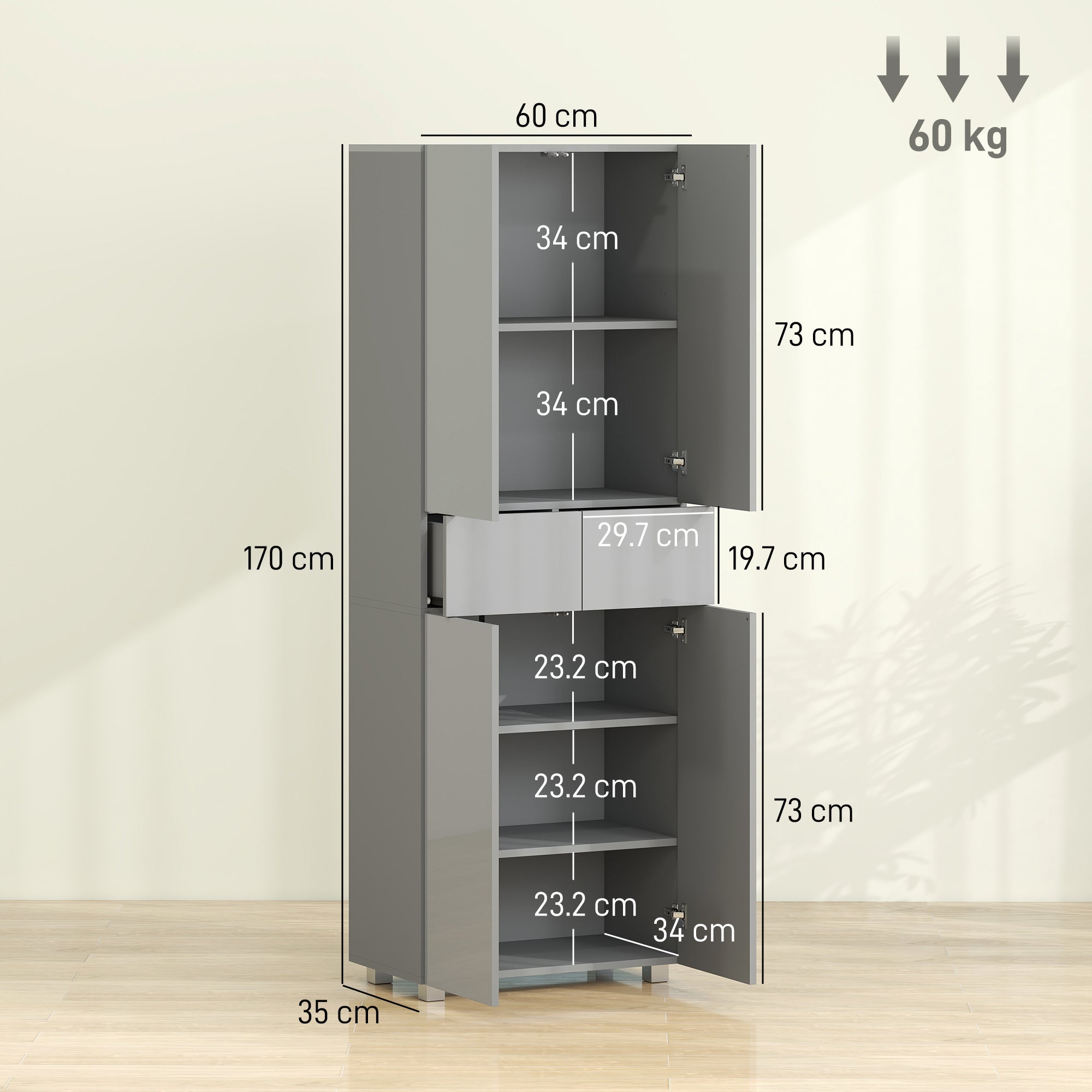 HOMCOM Storage Cabinet, Kitchen Cupboard with 3 Adjustable Shelves, 60L x 35W x 170H cm, High Gloss Grey 