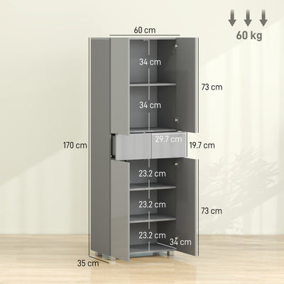 HOMCOM Storage Cabinet, Kitchen Cupboard with 3 Adjustable Shelves, 60L x 35W x 170H cm, High Gloss Grey 