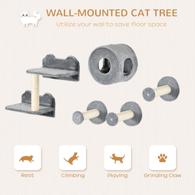 PawHut 5PCs Cat Wall Furniture with Perch, Cat House, Scratching Post 